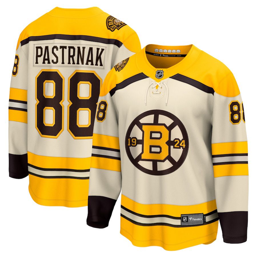 Men Boston Bruins #88 David Pastrnak Fanatics Branded Cream 100th Anniversary Premier Breakaway Player NHL Jersey